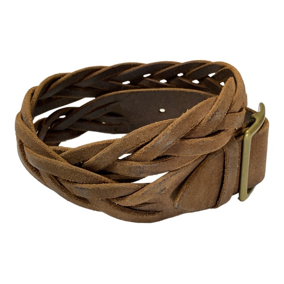 Vintage Leather Braided Belt Burnished Distressed Brass Buckle Sz M Brown - Picture 9 of 10